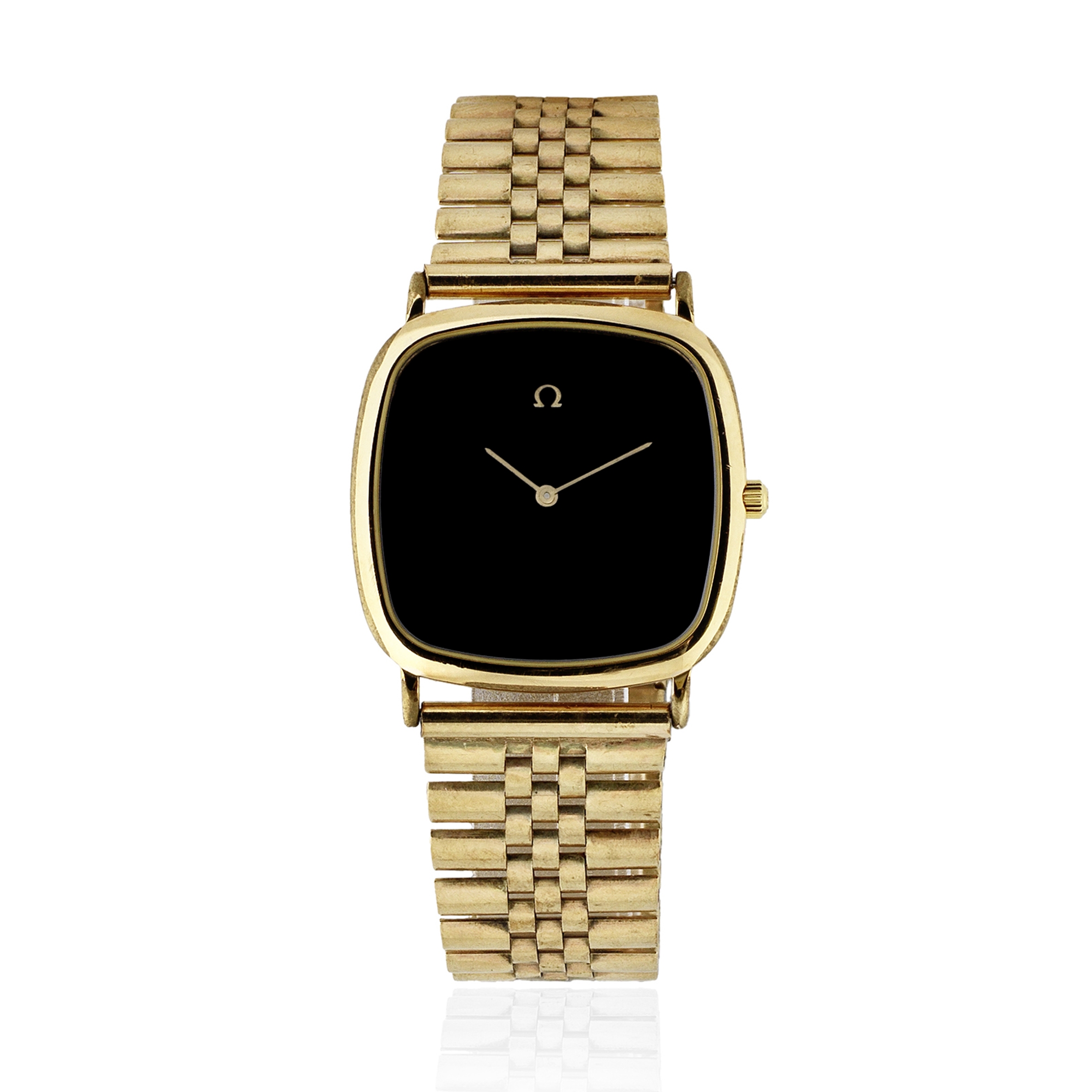 Omega. A gold plated and stainless steel quartz cushion form bracelet watch with 9K gold bracelet...