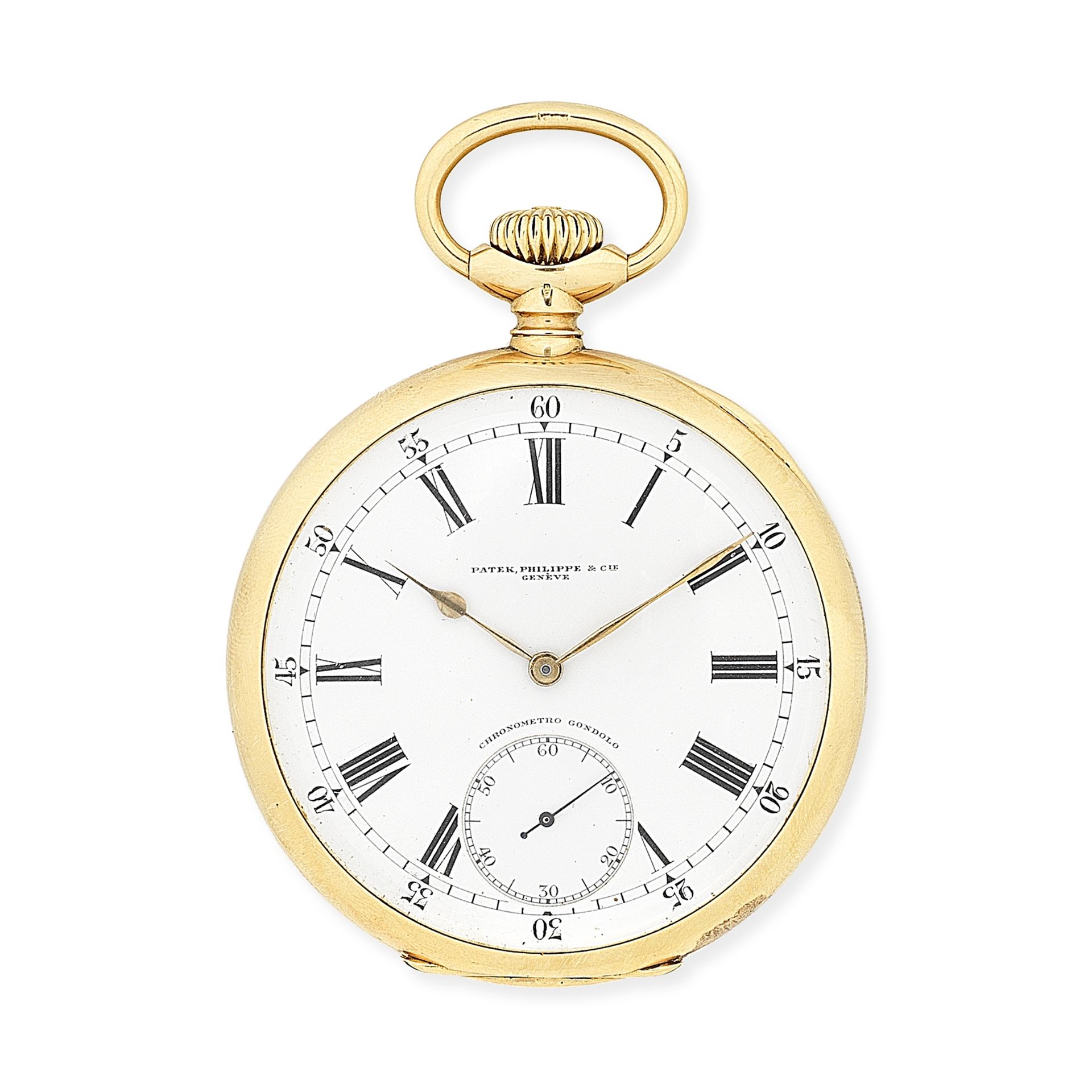 Patek Philippe. An 18K gold keyless wind open face pocket watch Retailed by Relojoaria Gondolo, R...