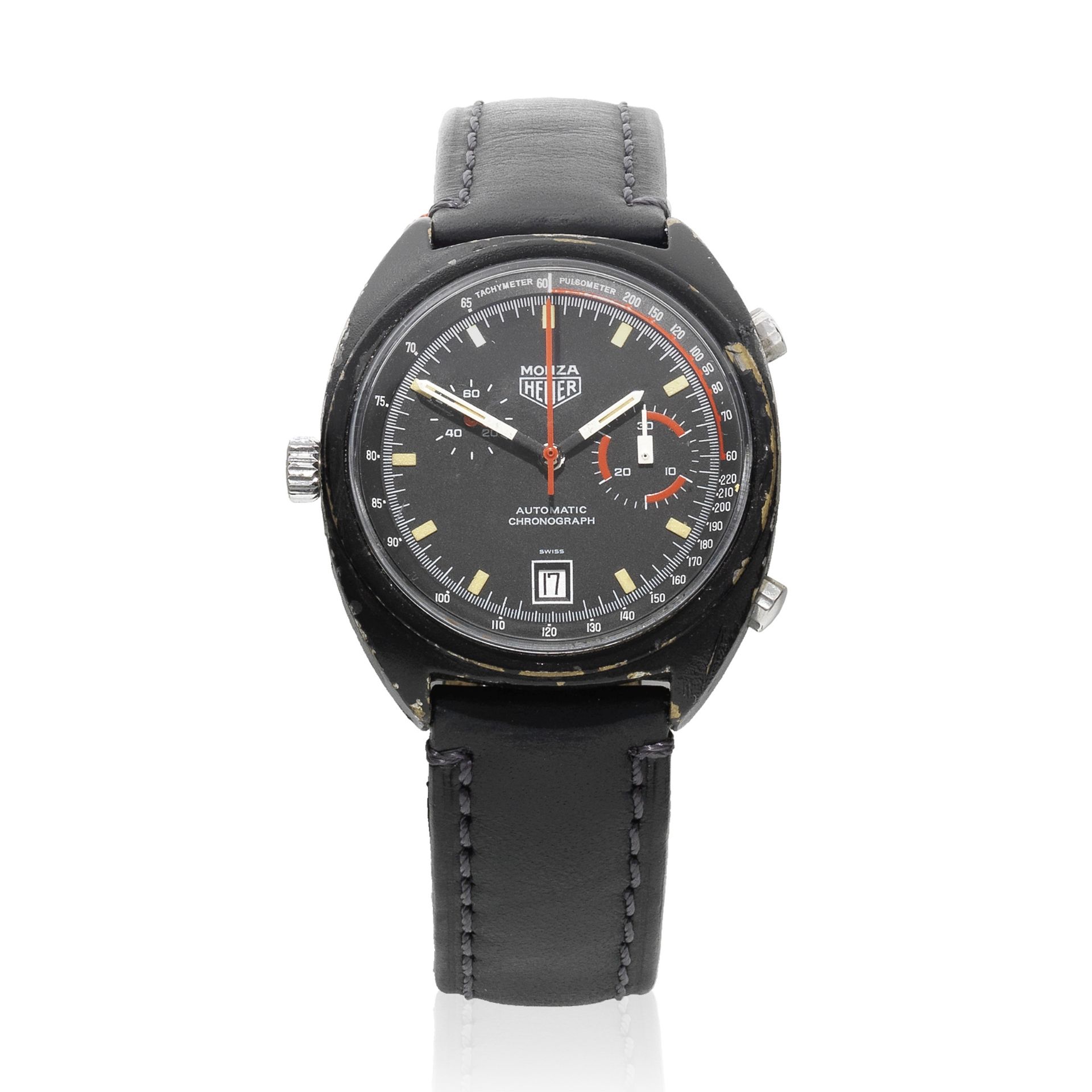 Heuer. A black stainless steel automatic calendar chronograph wristwatch Monza, Ref: 150.501, Ci...