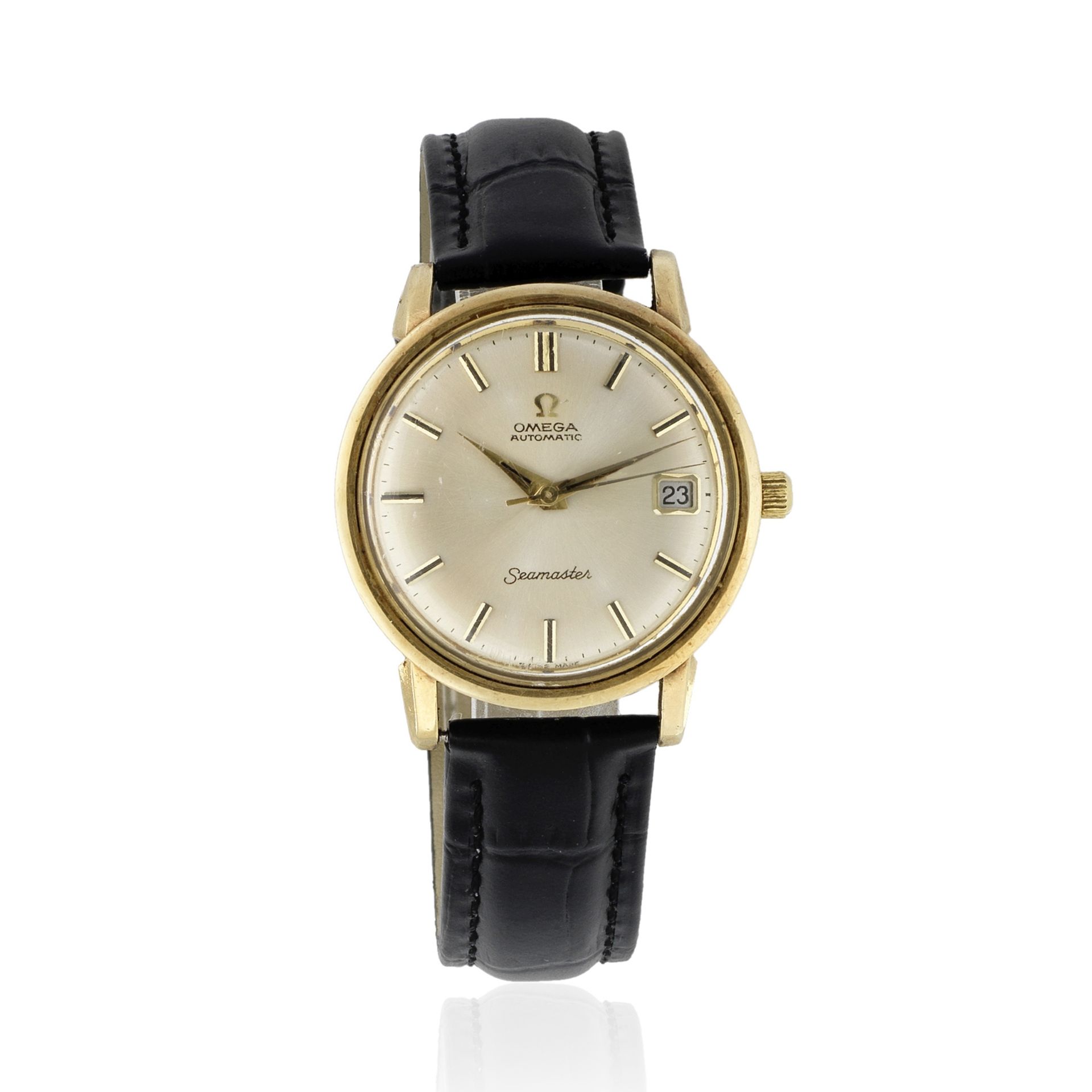 Omega. A 9K gold automatic calendar wristwatch Seamaster, Purchased 10th August 1965