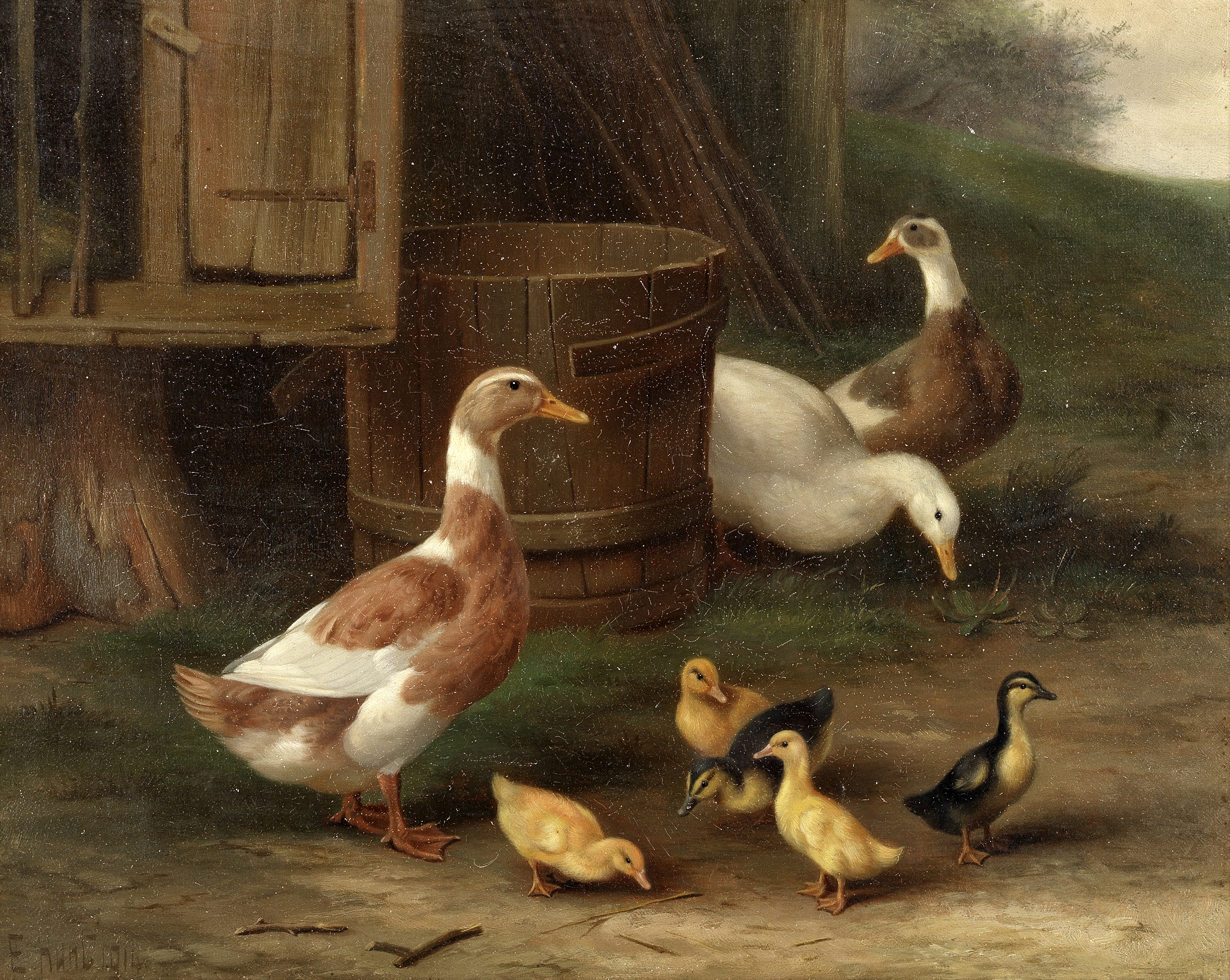 Edgar Hunt (British, 1876-1953) A family of ducks