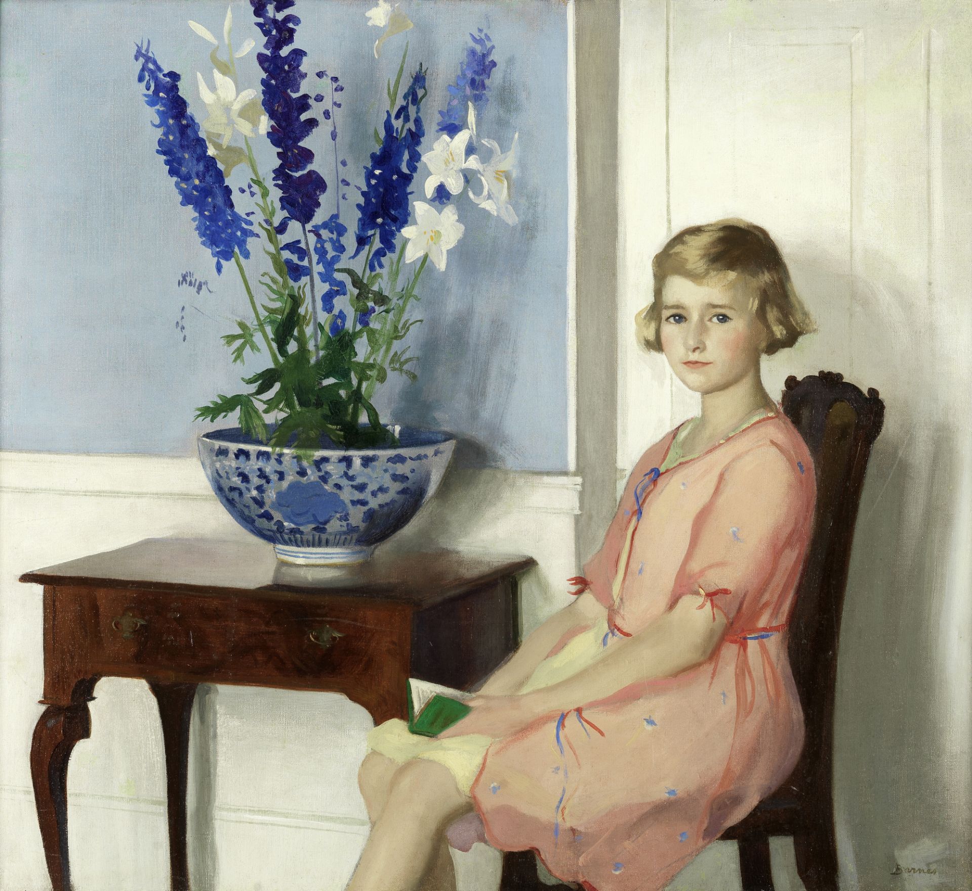 Archibald George Barnes (British, 1887-1972) Portrait of a girl, seated, next to flowers