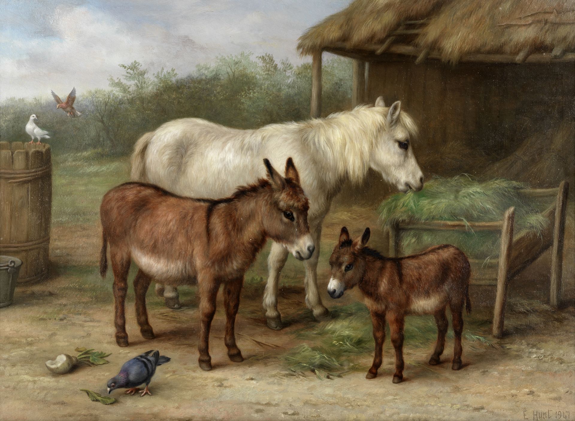 Edgar Hunt (British, 1876-1953) Feeding time in the stable yard