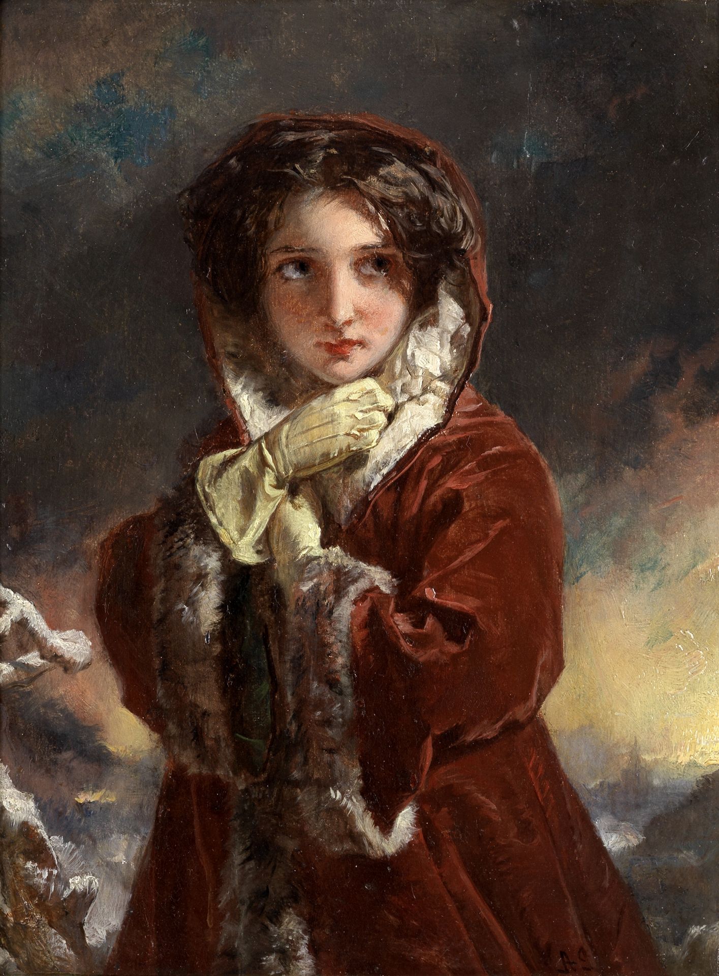 English School, 19th Century Girl in a red winter coat