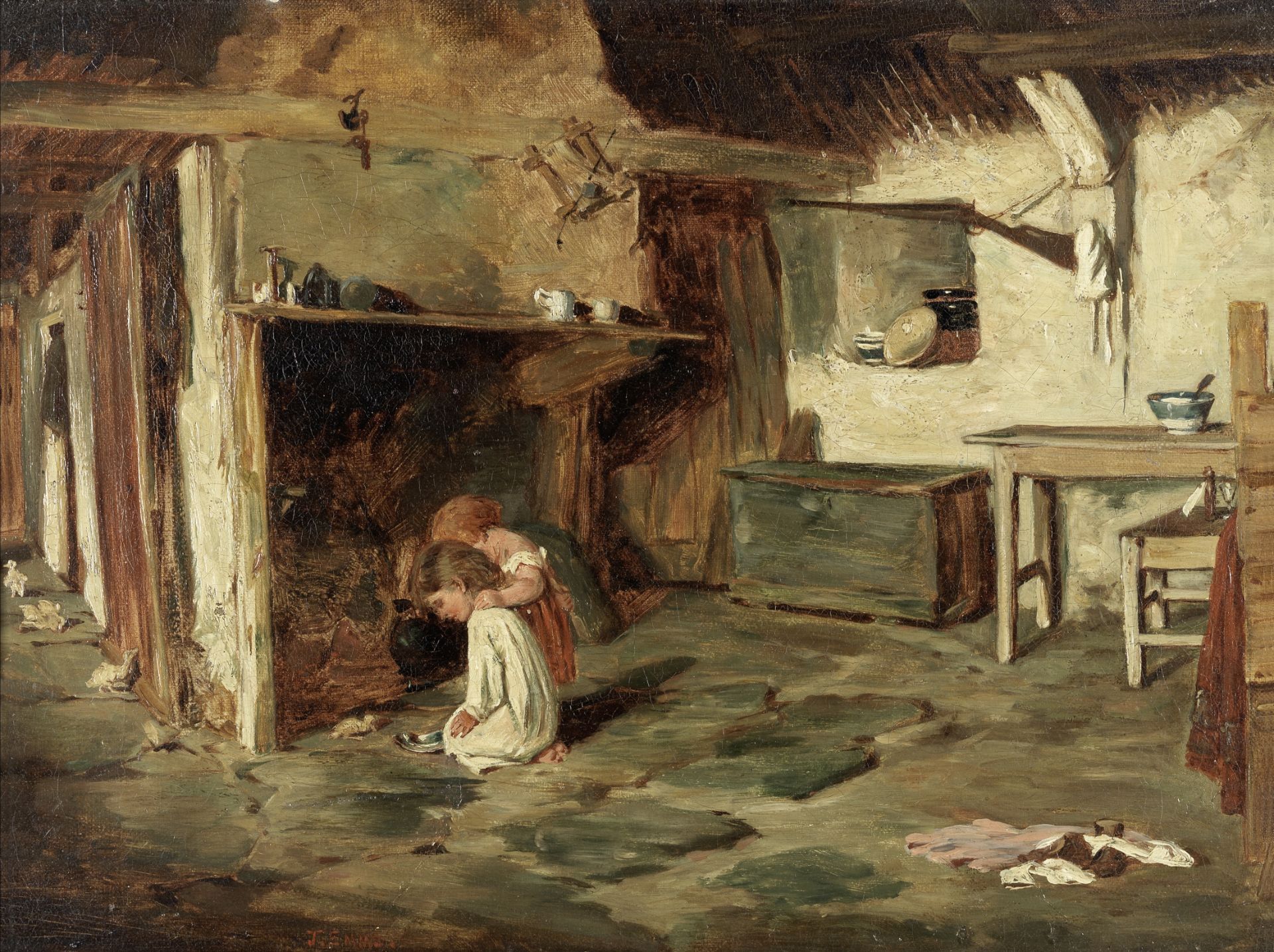 John Emms (British, 1843-1912) Feeding ducklings