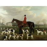 W. Nedham (British, 19th Century) A huntsman, mounted, with his hounds before a country estate
