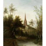 Circle of Sarah Ferneley (British, 1812-1903) Figures by a pond, a church beyond