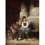 German school, 19th Century Portrait of a girl, seated, with fruit and a hare