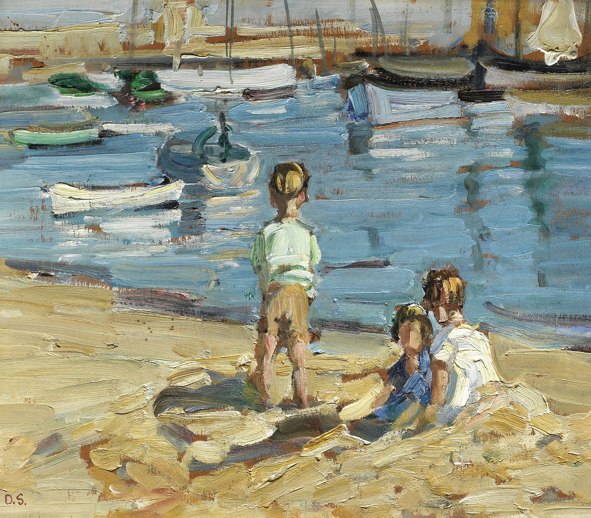 Dorothea Sharp, RBA, ROI (British, 1874-1955) Children playing by a harbour