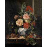 Attributed to Edward Ladell (British, 1821-1886) Still life of roses on a wooden ledge with raspb...