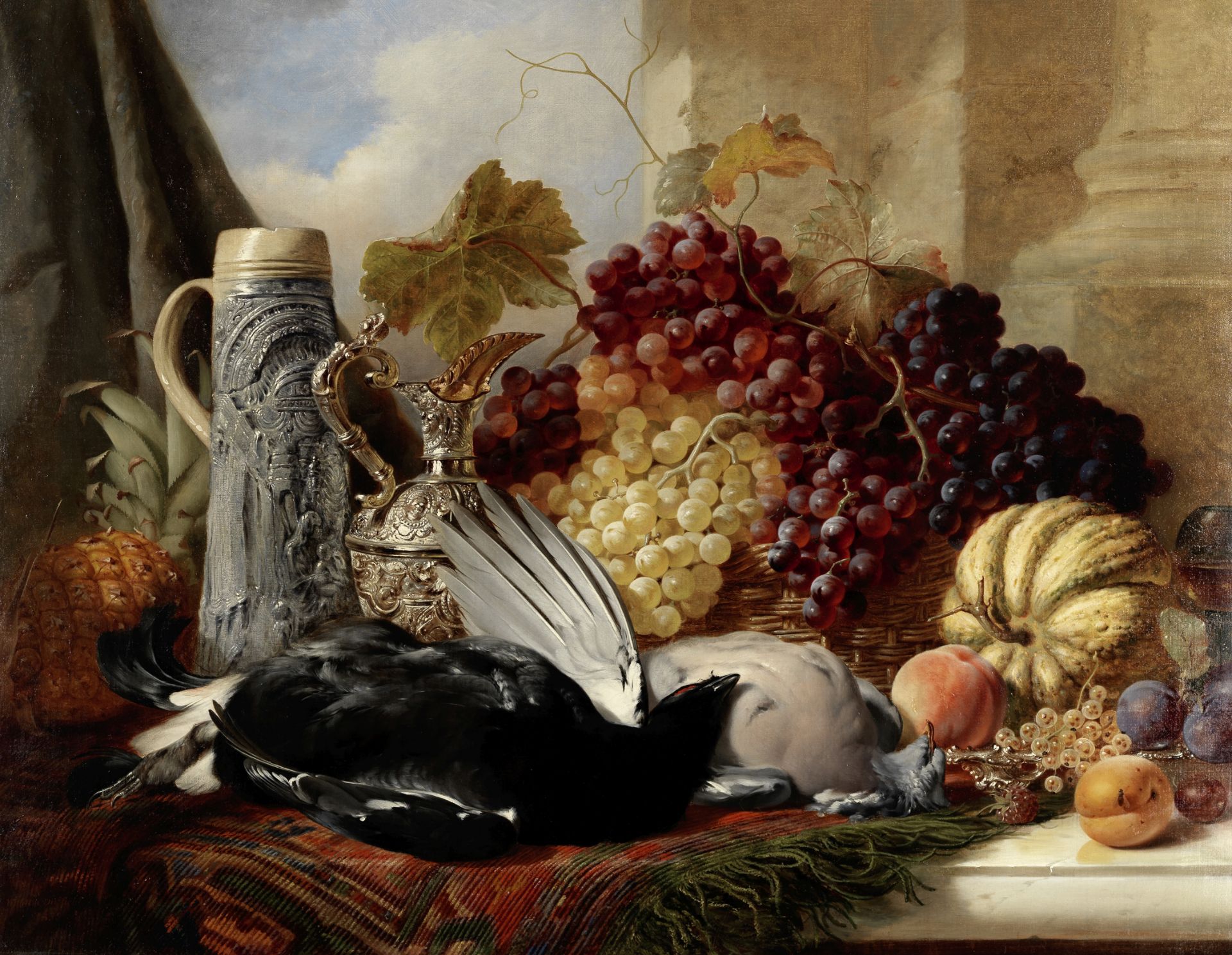 William Duffield (British, 1816-1863) Still life of fruit and game with a claret jug and stein