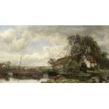 Alexander Fraser Jnr RSA RSW (British, circa 1828-1899) Landscape with barges moored at a riversi...