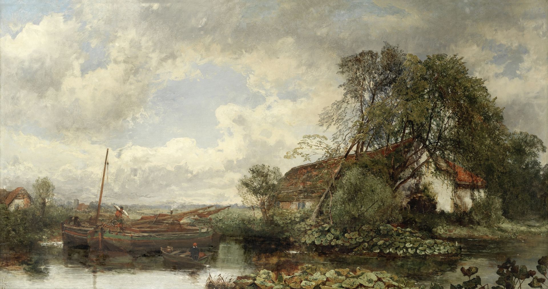 Alexander Fraser Jnr RSA RSW (British, circa 1828-1899) Landscape with barges moored at a riversi...