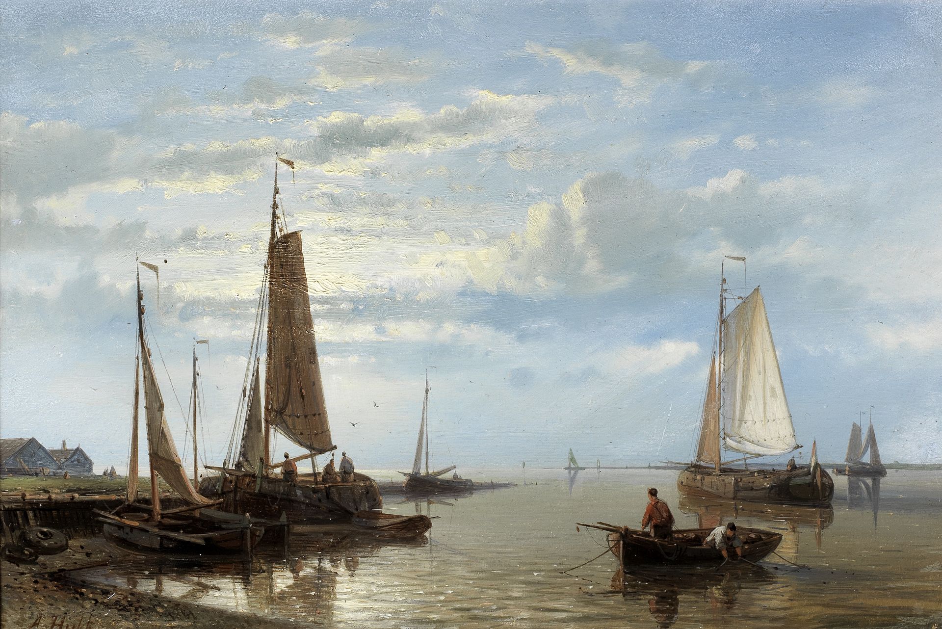 Abraham Hulk (Dutch, 1813-1897) On the Scheldt, low tide; On the Scheldt, sunset each 20.5 x 30.5...