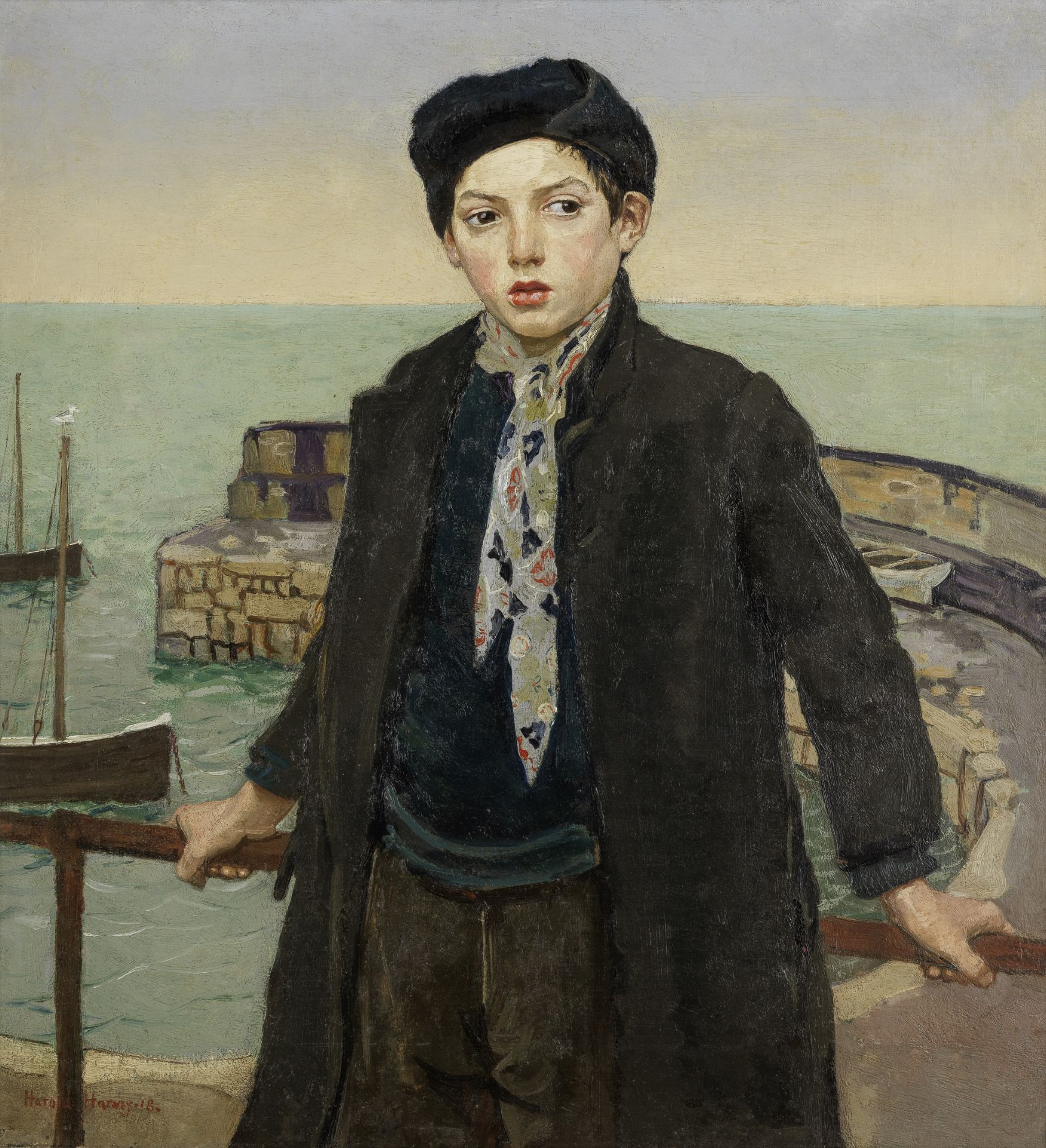 Harold Harvey (British, 1874-1941) Boy at the Harbour, Mousehole 19 1/4 x 17 3/4 in.