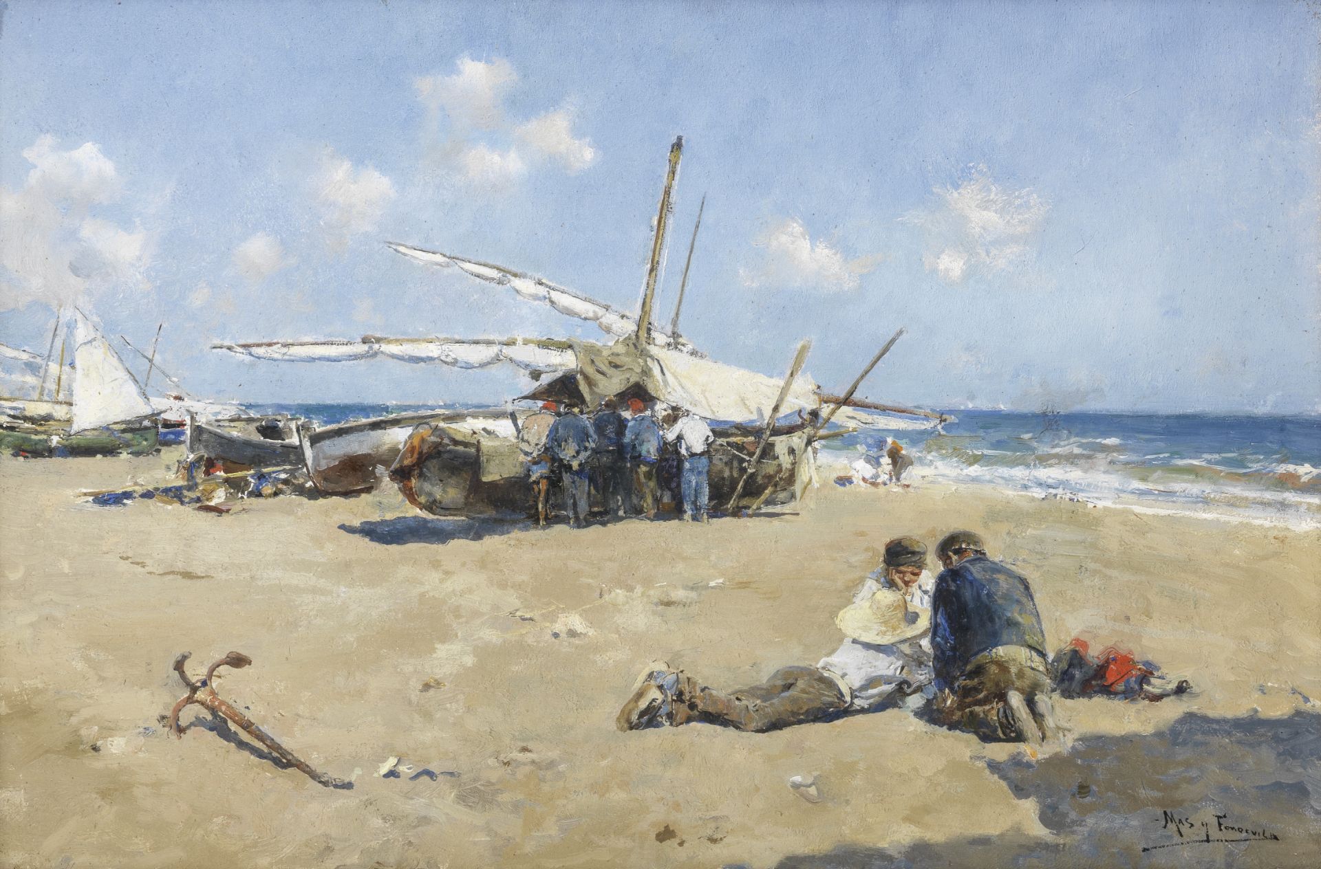 Arcadi Mas y Fondevila (Spanish, 1852-1934) Fisherfolk on beach