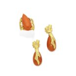 CORAL AND DIAMOND RING AND EARRING SUITE (2)