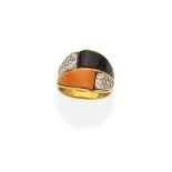 CORAL, ONYX AND DIAMOND RING