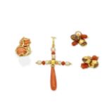 CORAL AND CULTURED FRESHWATER PEARL PENDANT, CORAL RING AND EARRINGS (3)