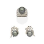 CULTURED MAB&#201; PEARL AND DIAMOND RING AND EARRINGS (2)