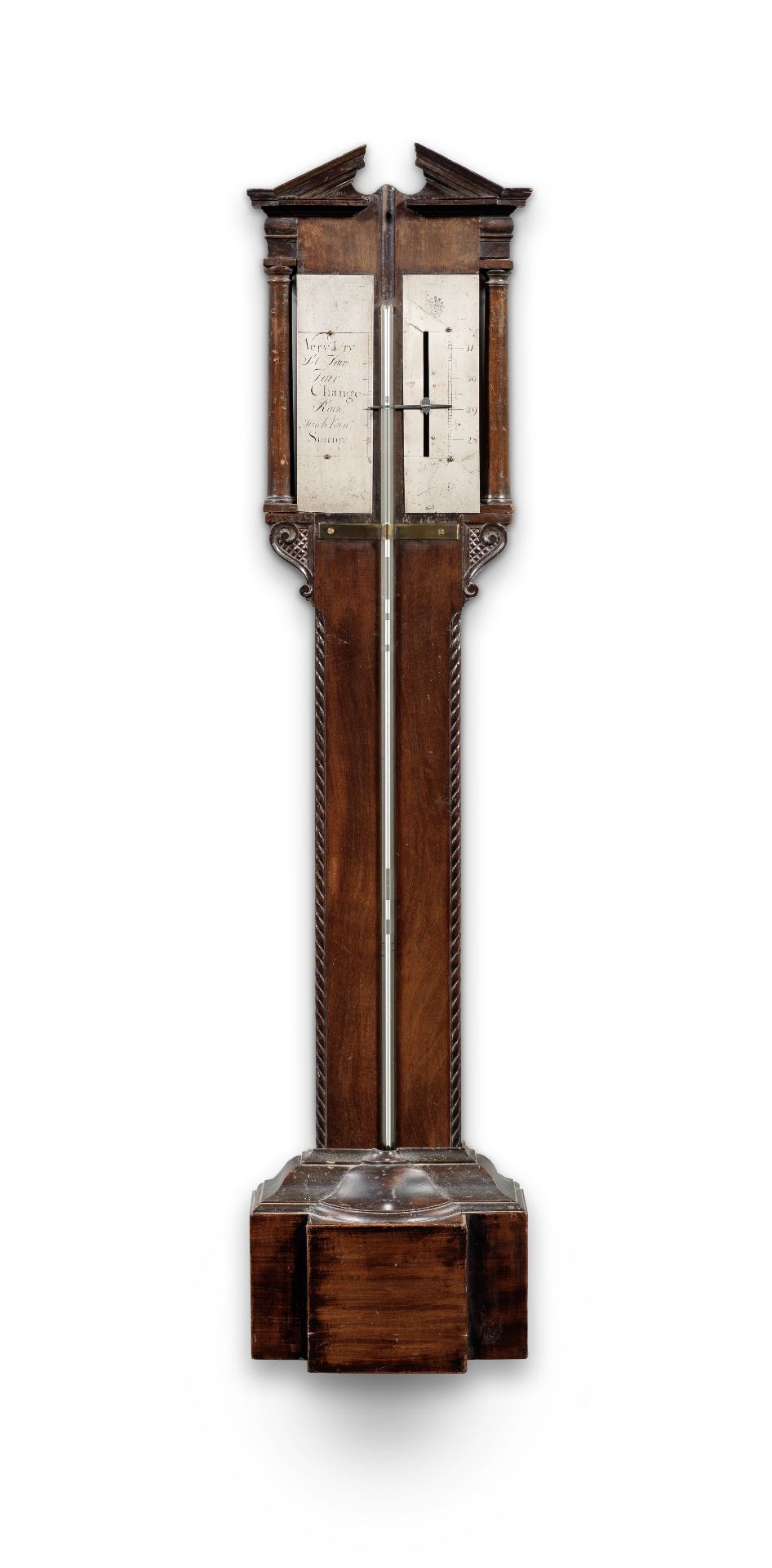 A rare mid 18th century mahogany architectural stick barometer unsigned, possibly Irish