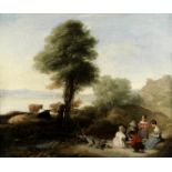 English School, 19th Century Landscape with children fishing, a ruined castle in the distance