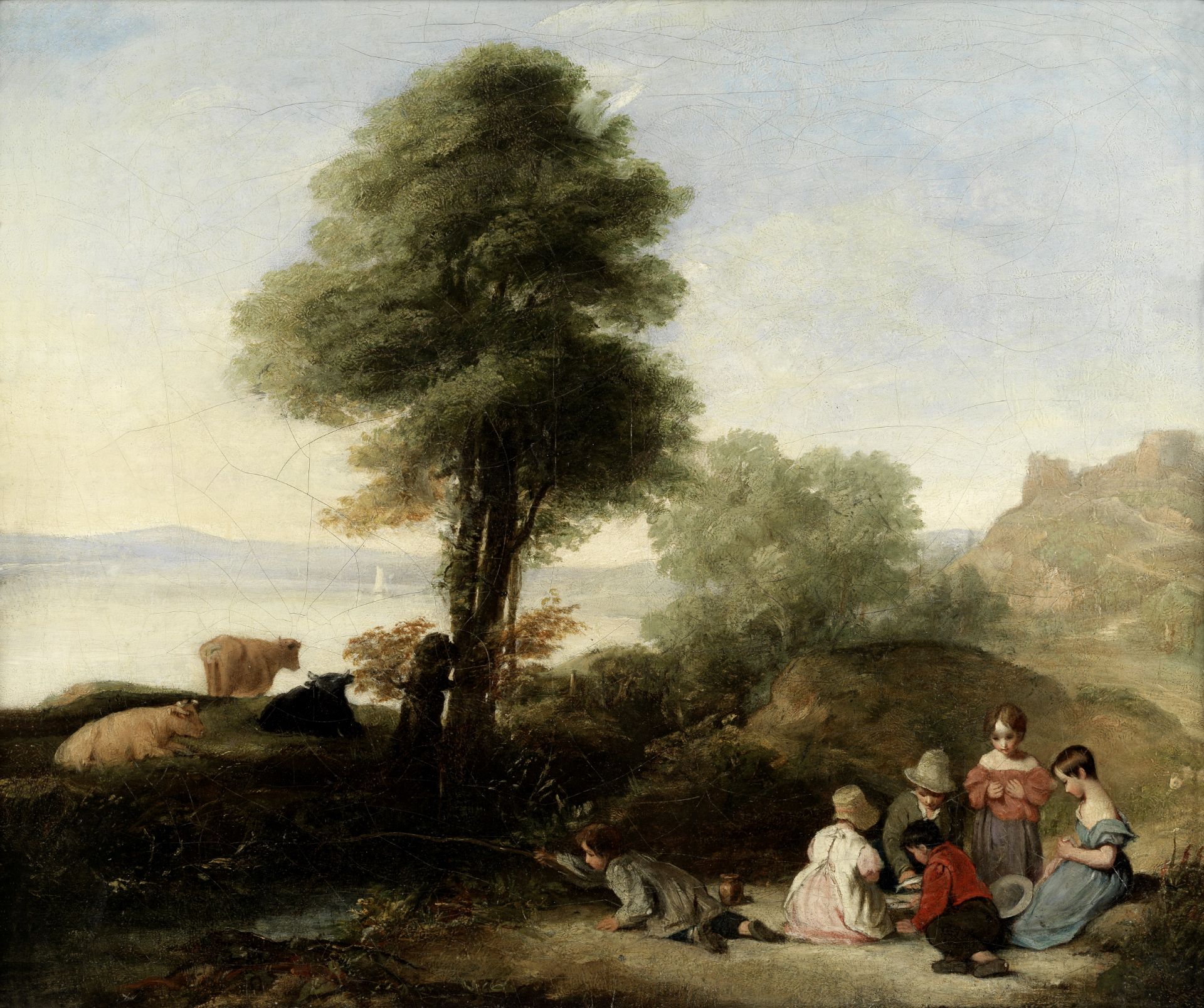 English School, 19th Century Landscape with children fishing, a ruined castle in the distance