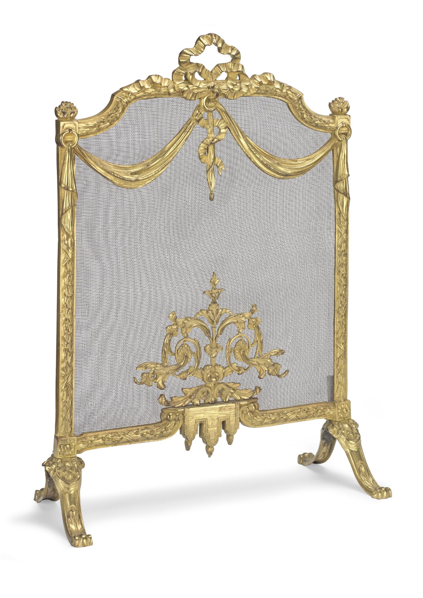 A late 19th / early 20th century French gilt bronze and steel mesh fire guard in the Louis XVI taste