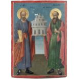 Two Greek icons the first depicting Peter and Paul, the second Saint Pantaleon. Traditionally pai...