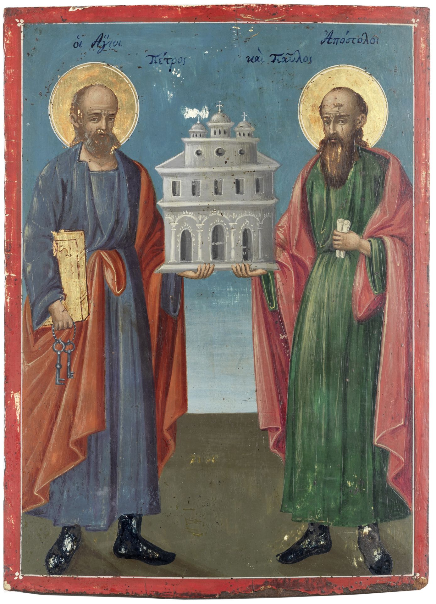 Two Greek icons the first depicting Peter and Paul, the second Saint Pantaleon. Traditionally pai...