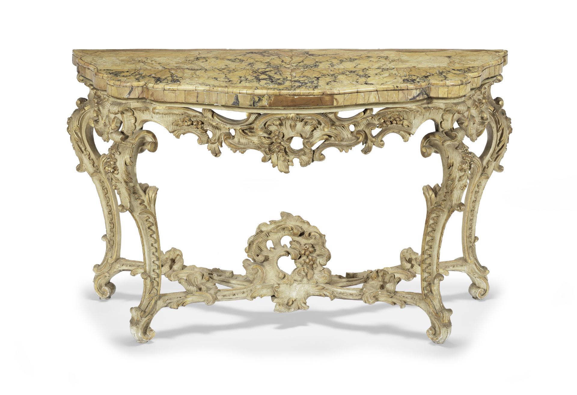An Italian 19th century Rococo revival painted and parcel gilt serpentine console table the marbl...