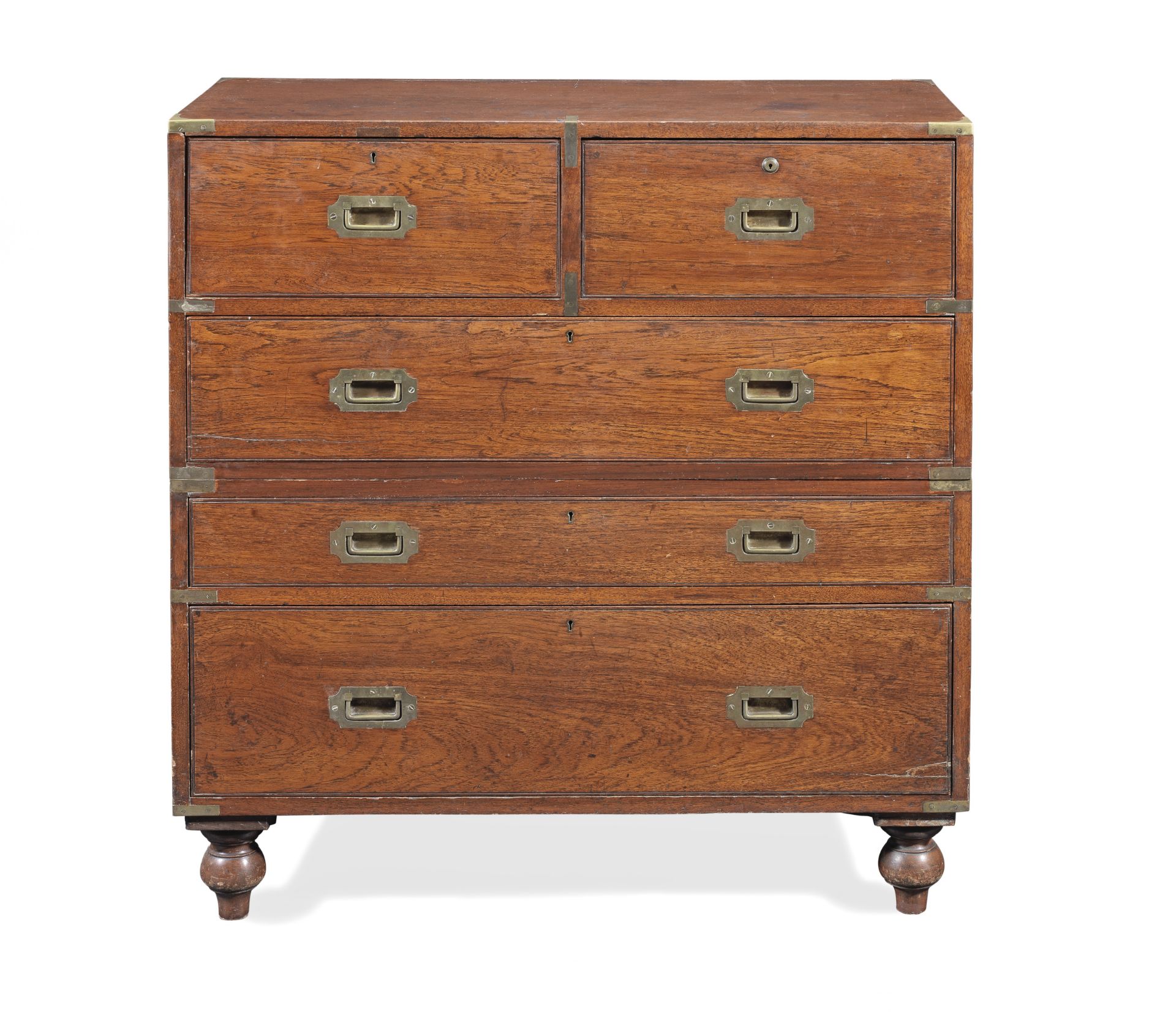 A Victorian teak and brass mounted secretaire campaign chest