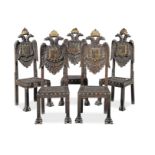 An unusual set of five Spanish early 20th century stained wood, embossed leather and parcel gilt ...