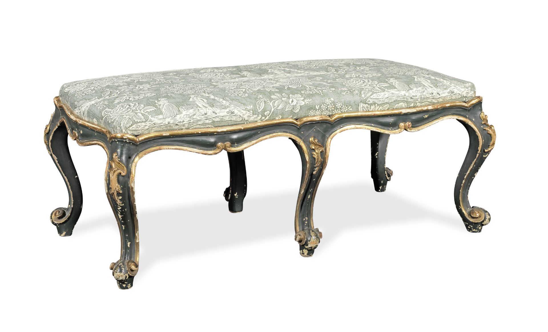An Italian late 19th/early 20th century 'Rococo revival' painted and parcel gilt long stool