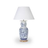 A large 19th century Chinese blue and white porcelain vase adapted as a table lamp with shade (2)