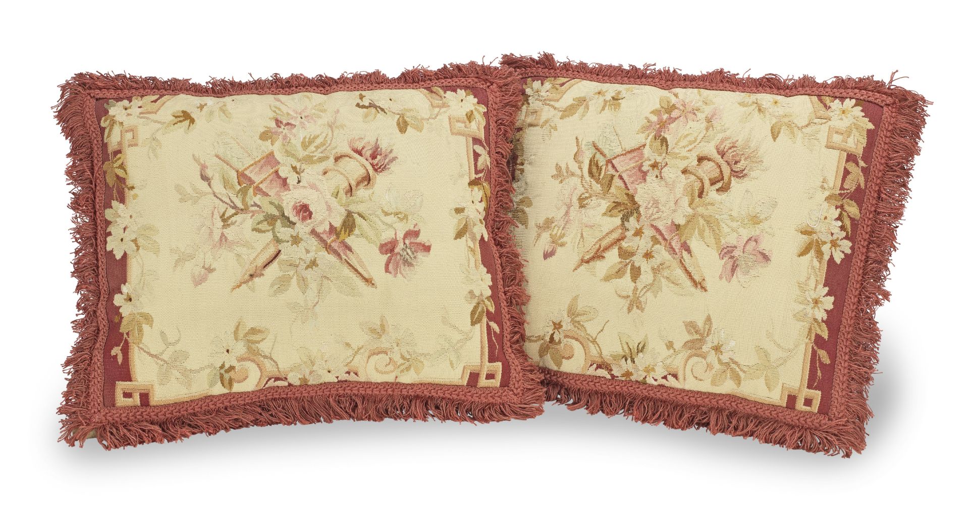 A 19th century pair of Aubusson cushions, 44.5cm x 38cm including the tassels