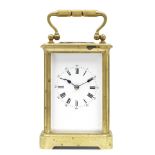 A late 19th century gilt brass corniche carriage clock with original travelling case marked A.Du...
