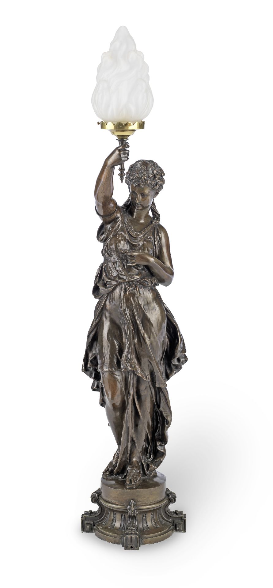 Mathurin Moreau (French, 1822 -1912): An early 20th century patinated bronze figural torchiere la...