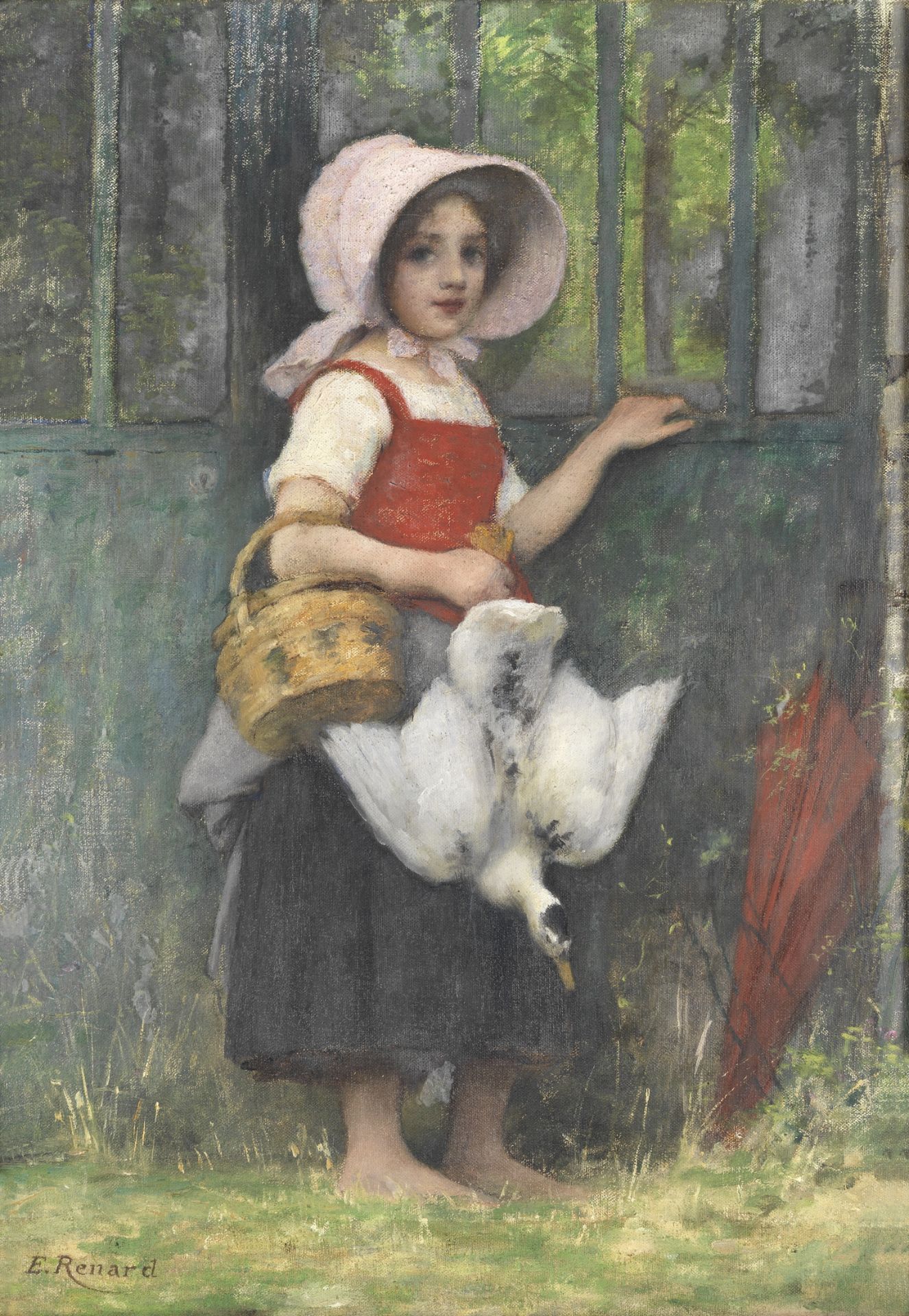 Emile Renard (French, 1850-1930) Young girl with a duck