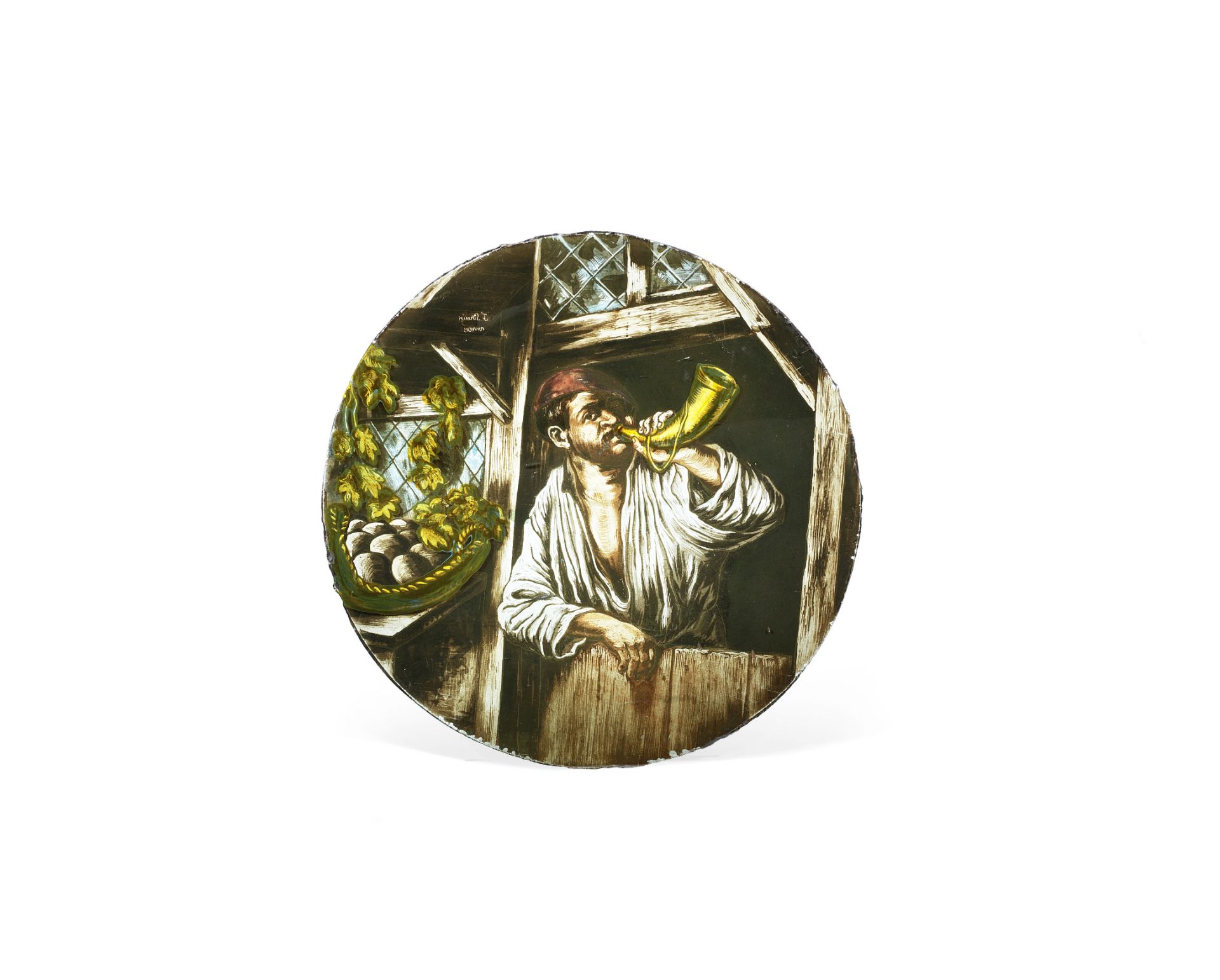 An enamelled stained glass roundel of a horn player possibly Flemish with etched mark: 'F. Struys...