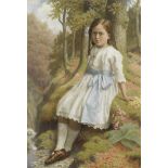James Barnes (British, died circa 1923) Portraits of girls seated by a woodland stream; a pair on...