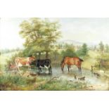Edwin Frederick Holt (British, 1830-1912) Watering horses and cattle at a pond, Guy wood Farm, Ro...