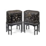 A matched pair of 19th century Chinese export lac-de-bergaute tea chests on later stands