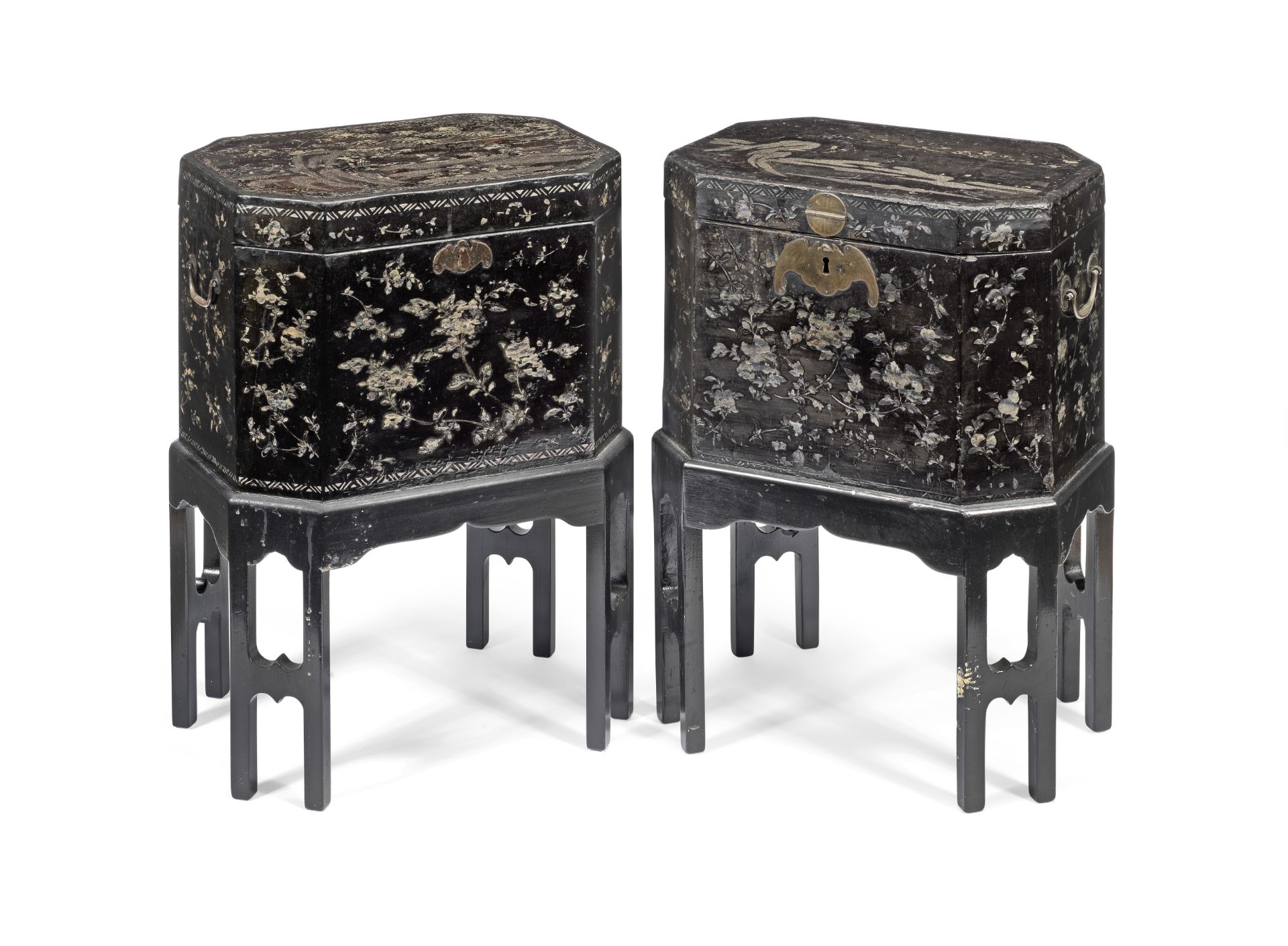 A matched pair of 19th century Chinese export lac-de-bergaute tea chests on later stands