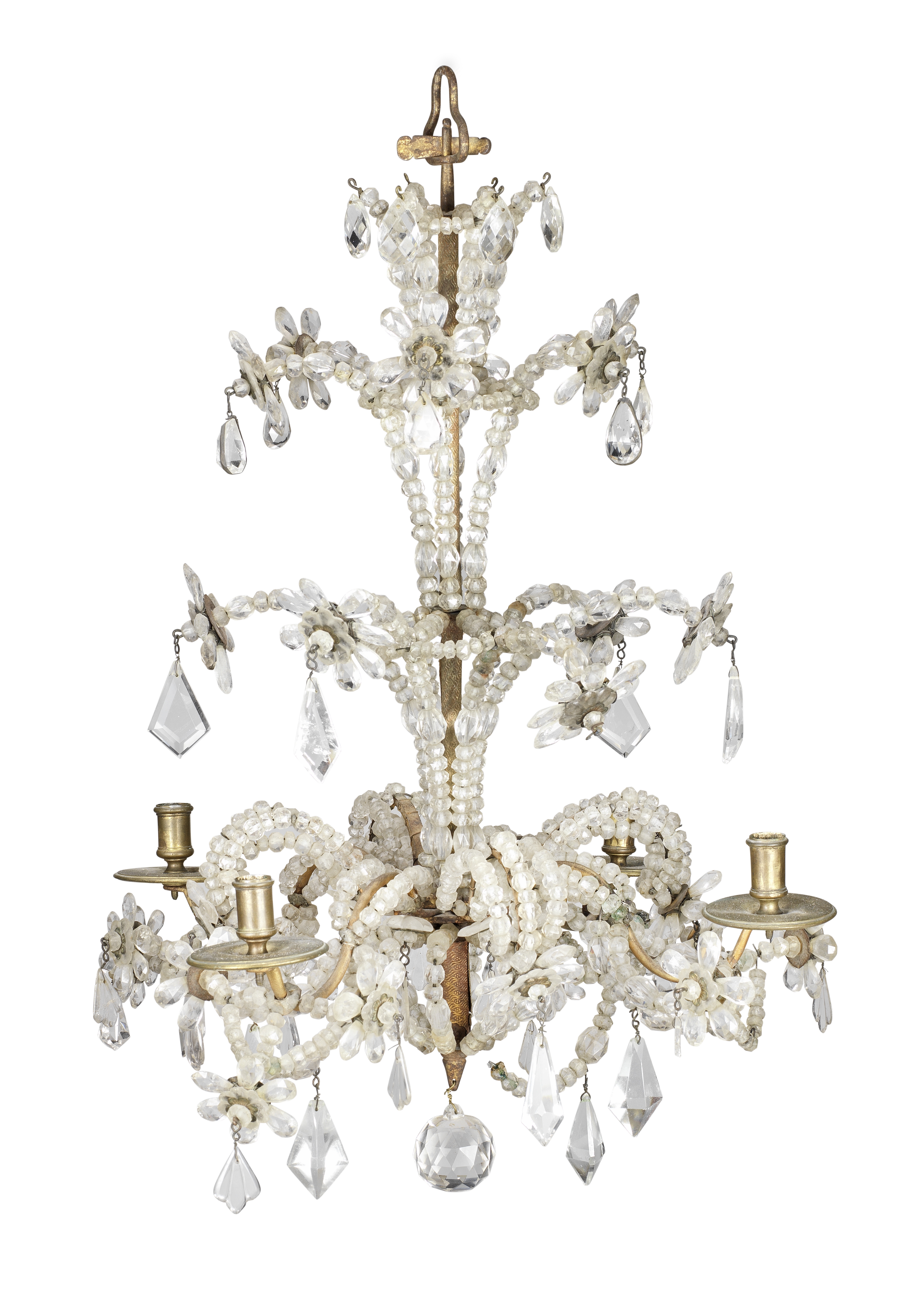 A mid 18th century North Italian rock crystal four light chandelier probably Genoese