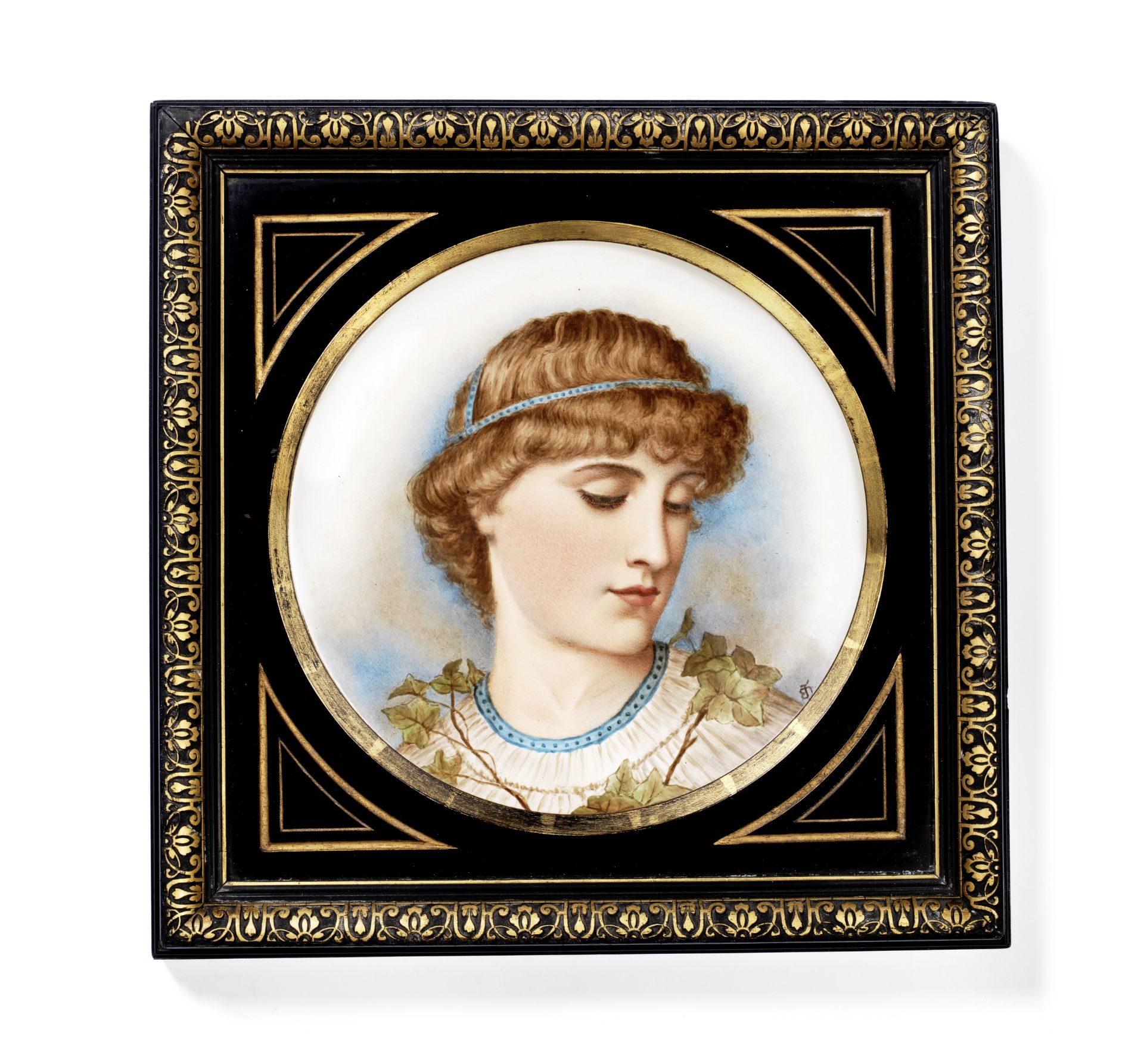 A late 19th century framed porcelain plate in the aesthetic taste,