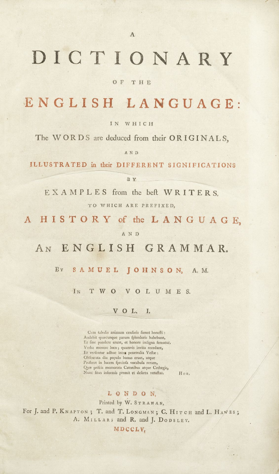 JOHNSON (SAMUEL) A Dictionary of the English Language, 2 vol., FIRST EDITION, J. and P. Knapton, ...