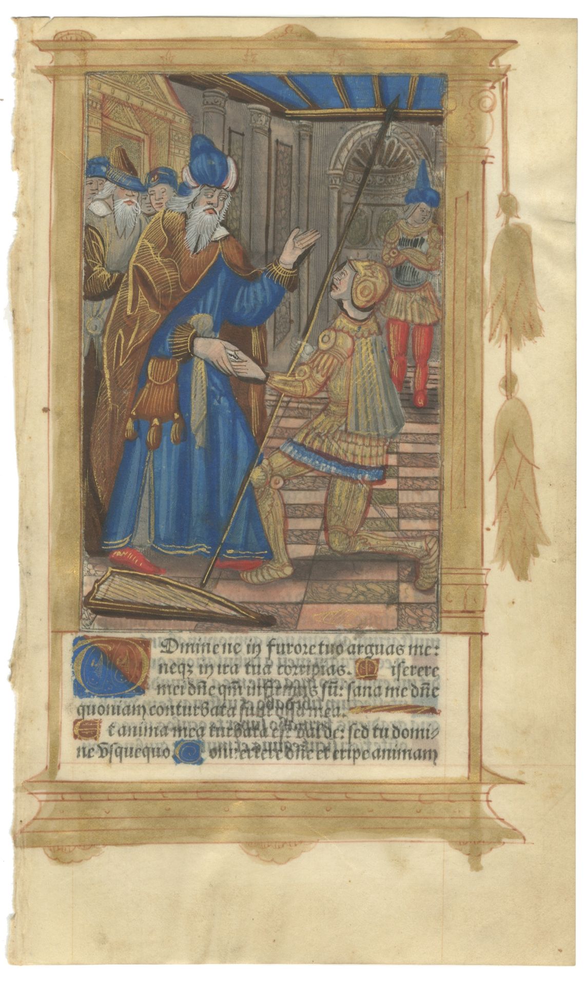 ILLUMINATED MINIATURE King David, kneeling in armour, handing the letter to Uriah, [France, ?Roue...