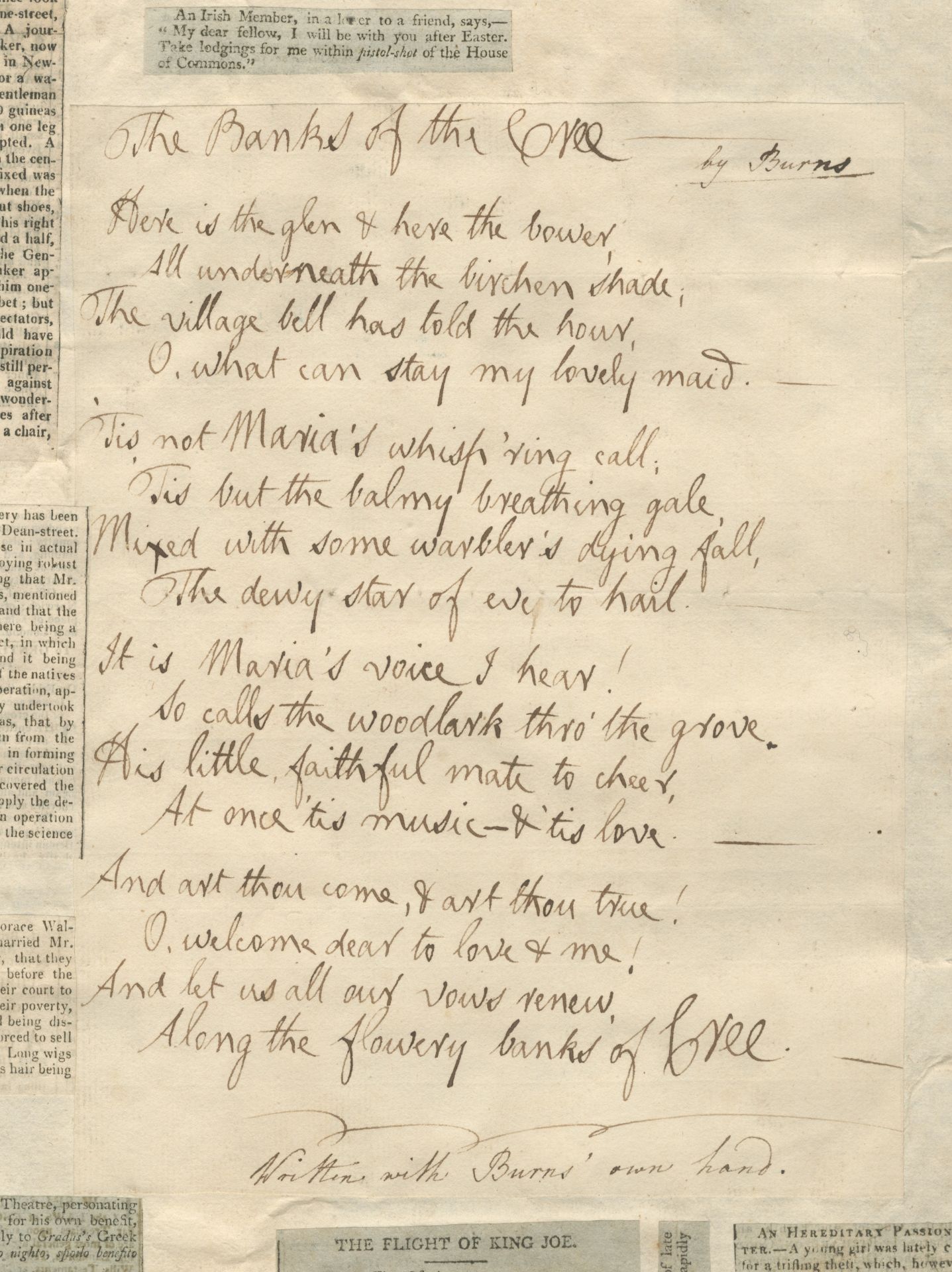 BURNS (ROBERT) Autograph manuscript of his song 'The Banks of the Cree', [1794]