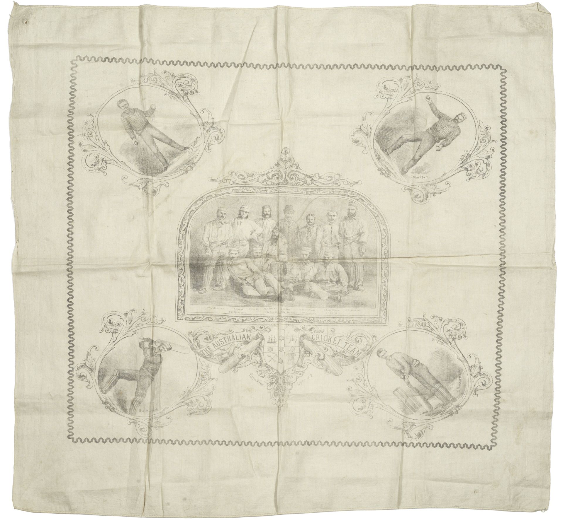 CRICKET 'The Australian Cricket Team' of 1878, commemorative handkerchief printed with central gr...